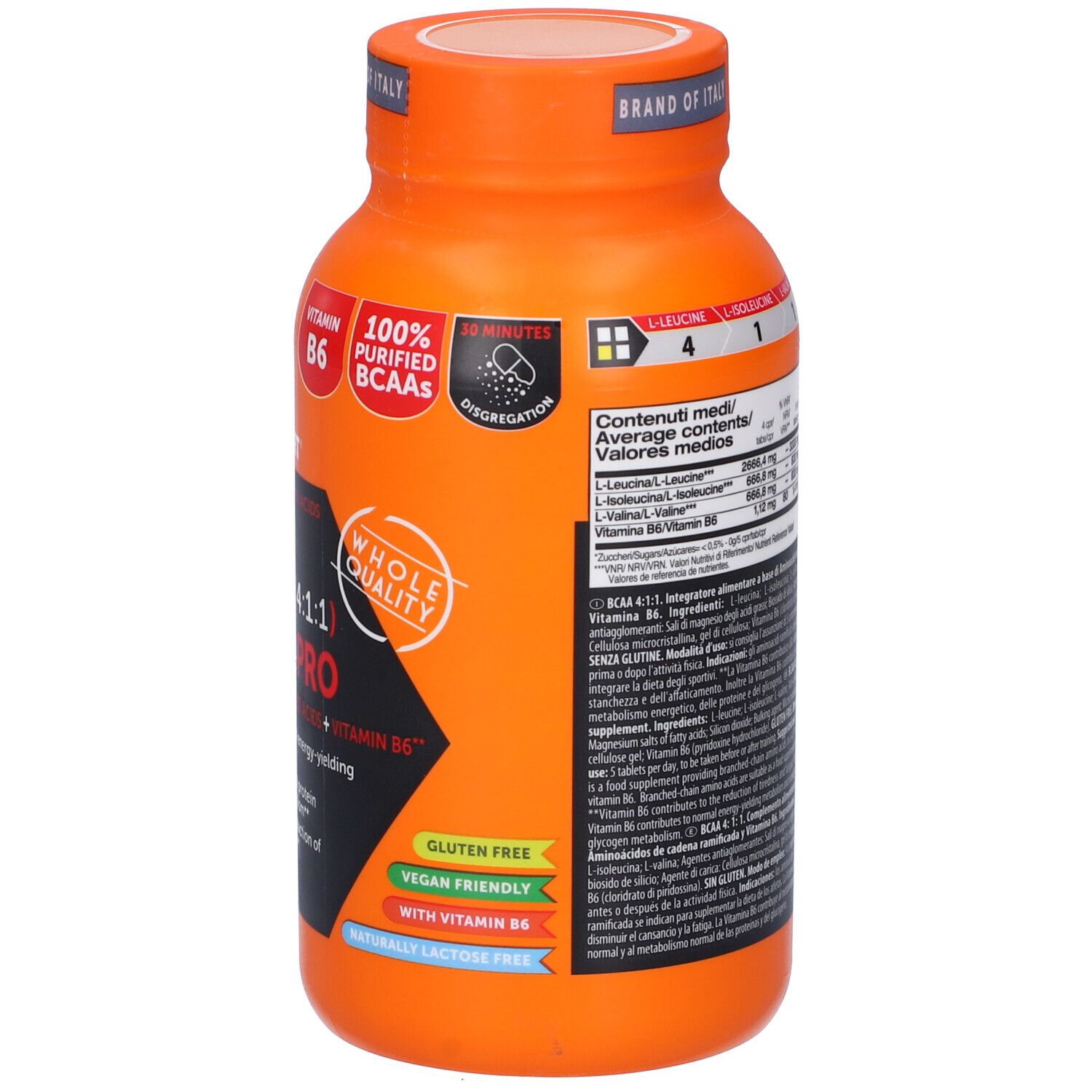 Flacone arancione con etichetta nera. Scritta: BCAA (4:1:1) extremePRO, 210 compresse. Marchio: NamedSport.