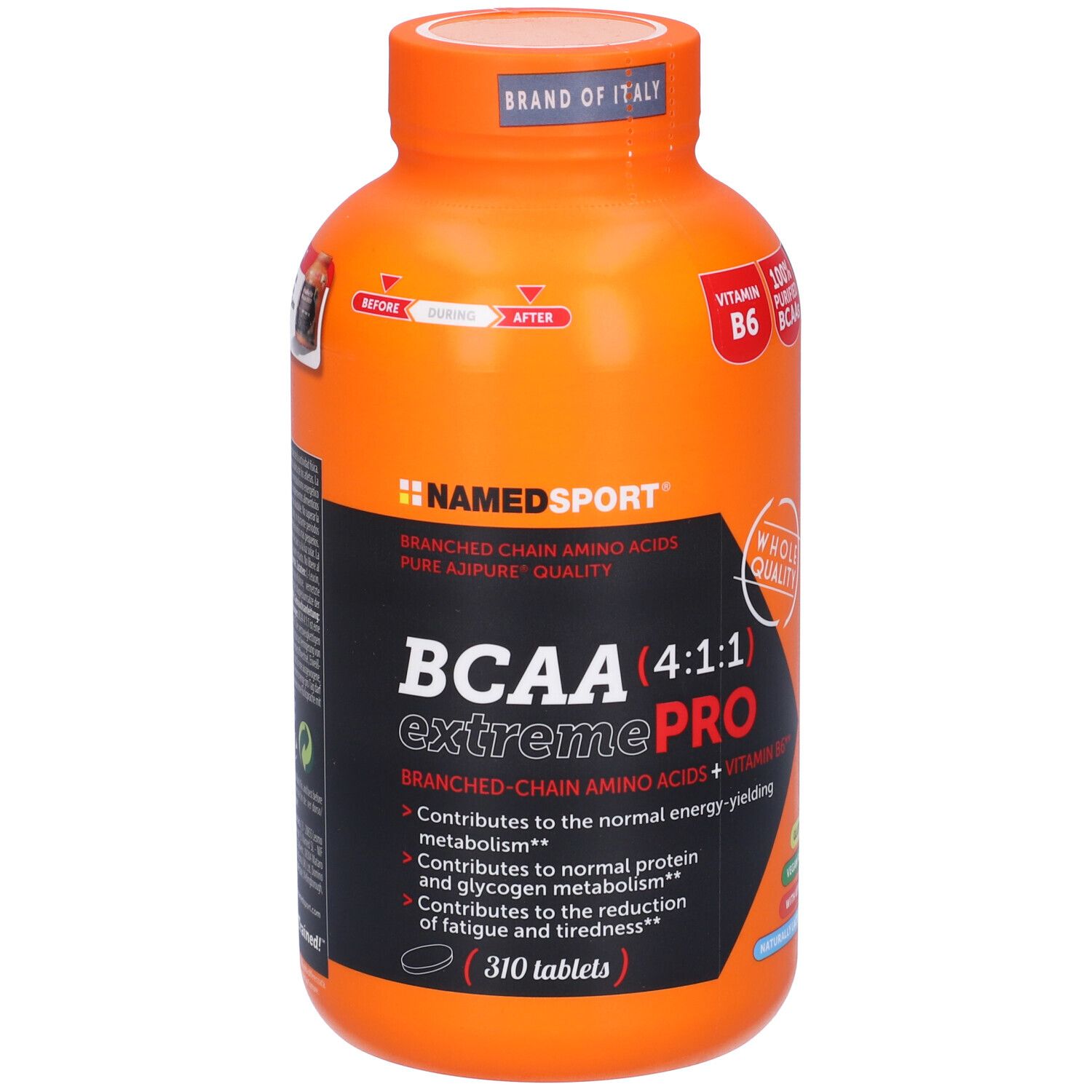 Flacone arancione BCAA(4:1:1) extremePRO. Contiene 310 compresse. Marchio NAMEDSPORT. Con vitamina B6.