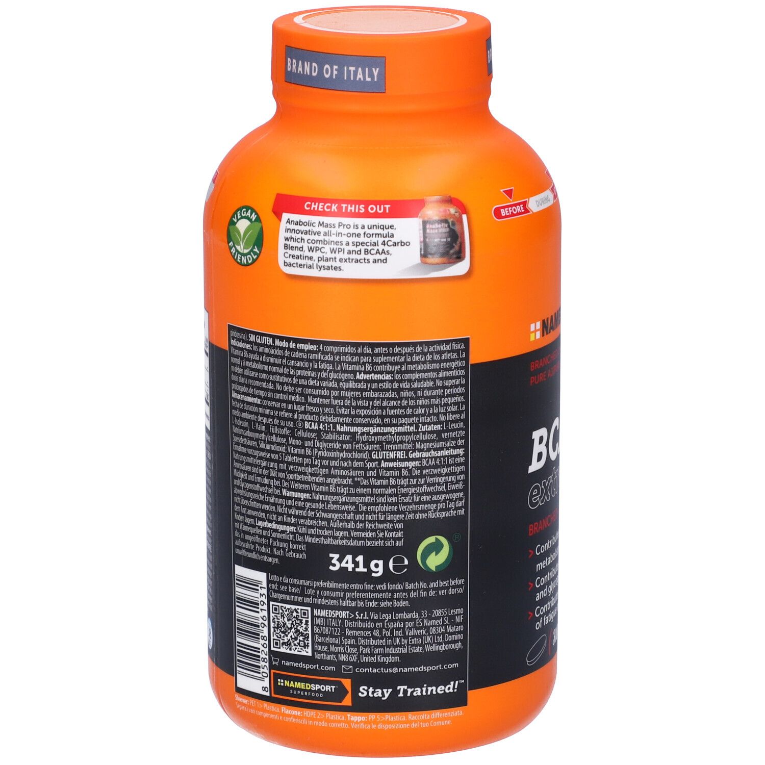 Retro del flacone BCAA(4:1:1) extremePRO. Contiene informazioni e valori nutrizionali. Peso: 341g. Vegano.