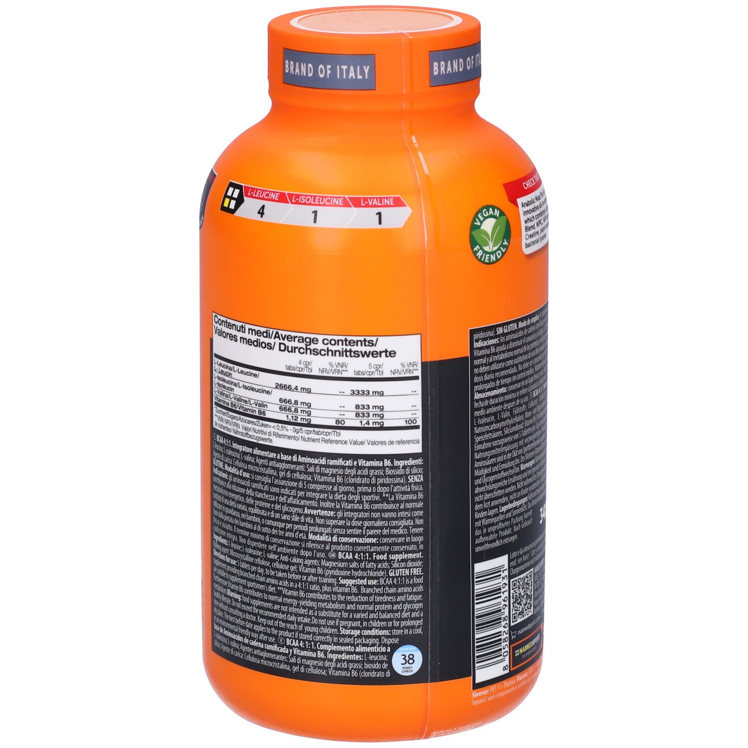 Retro del flacone BCAA(4:1:1) extremePRO. Contiene valori nutrizionali. Sigillo vegano. Marchio NAMEDSPORT.