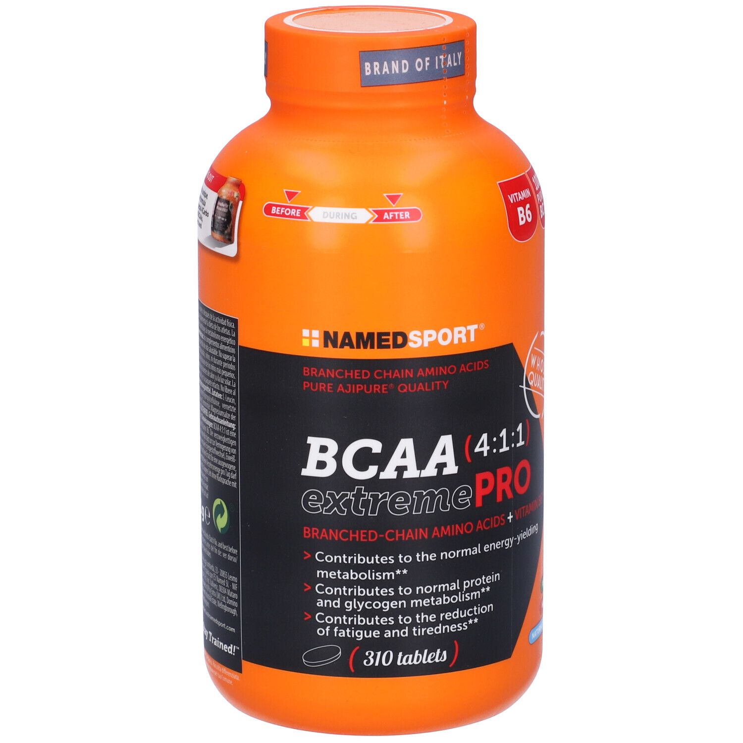 Flacone arancione BCAA(4:1:1) extremePRO. Contiene 310 compresse. Marchio NAMEDSPORT. Con vitamina B6.