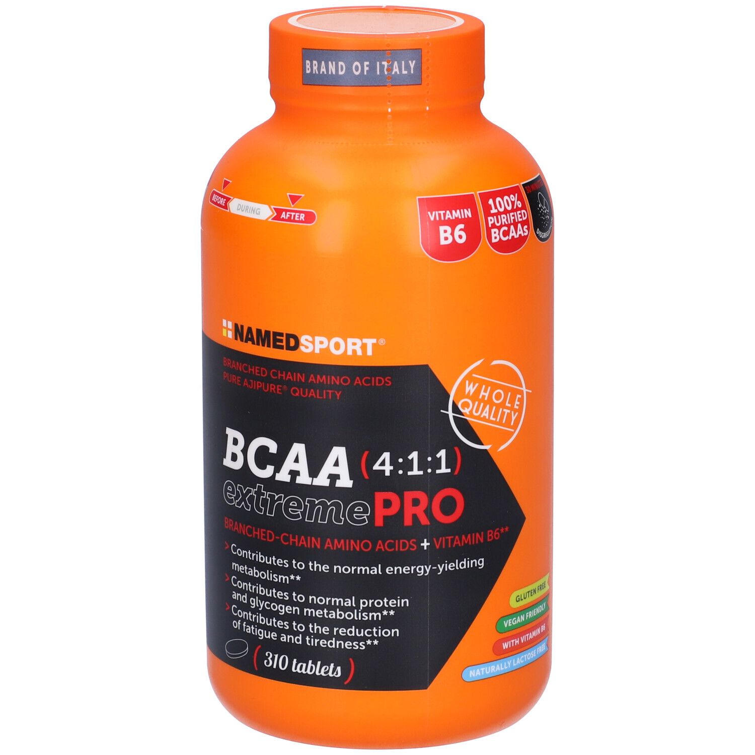 Flacone arancione BCAA(4:1:1) extremePRO. 310 compresse. Marchio NAMEDSPORT. Con vitamina B6. Senza glutine, vegano.