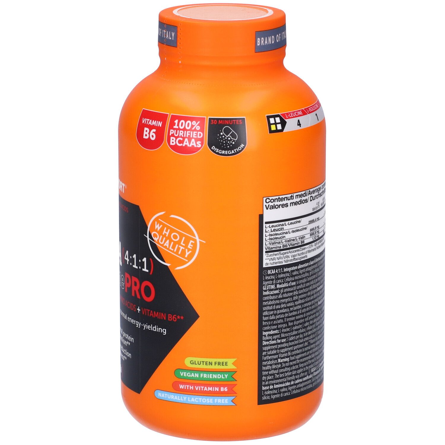 Flacone arancione BCAA(4:1:1) extremePRO. Contiene vitamina B6. Senza glutine, vegano. Marchio NAMEDSPORT.