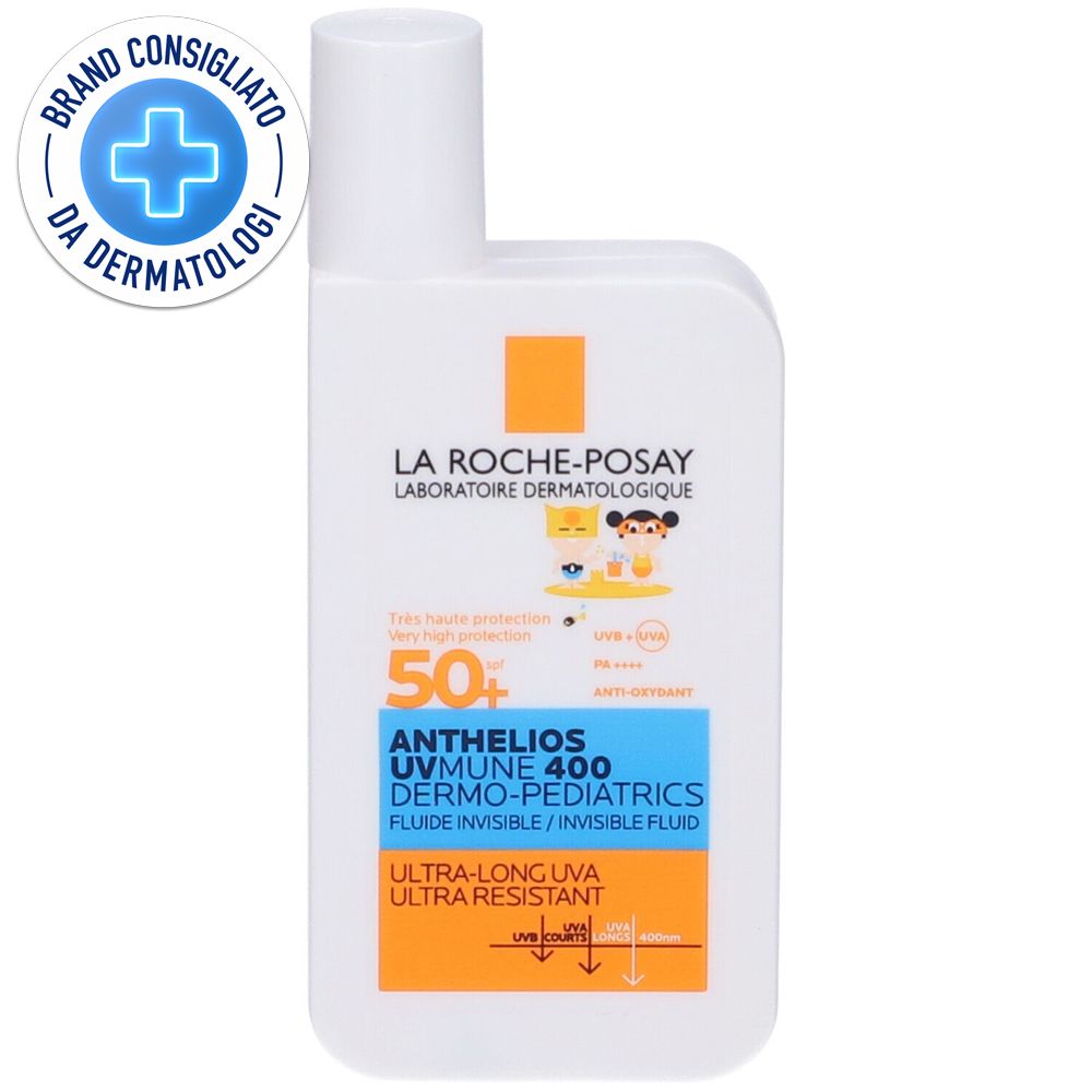 Flacone bianco con tappo bianco. Scritta: Anthelios UVMune 400 Dermo-Pediatrics. SPF 50+.