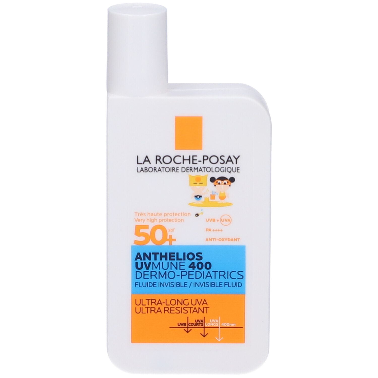 Flacone bianco con tappo bianco. Scritta: Anthelios UVMune 400 Dermo-Pediatrics. SPF 50+.