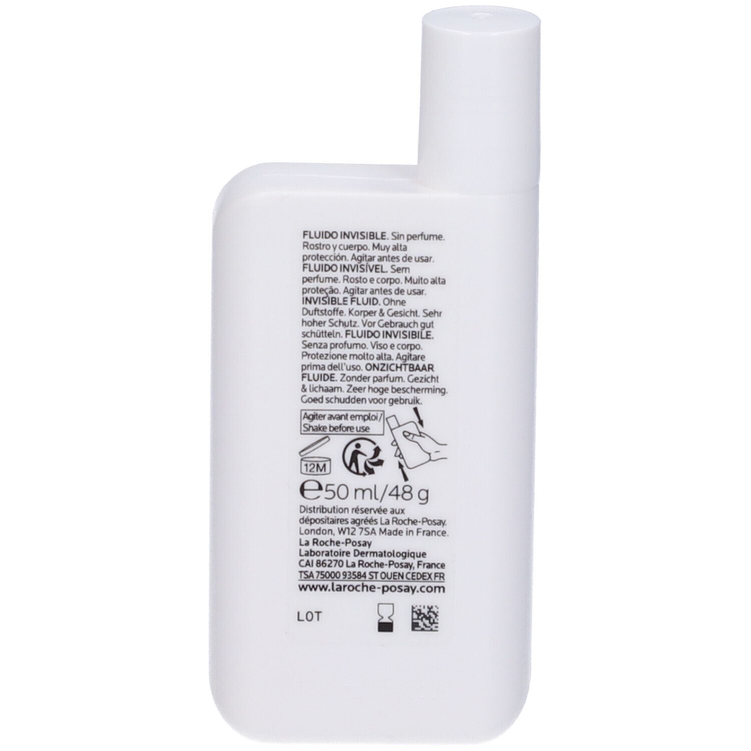 Retro del flacone bianco. Testo multilingue. Scritta: Fluido Invisibile. 50 ml.