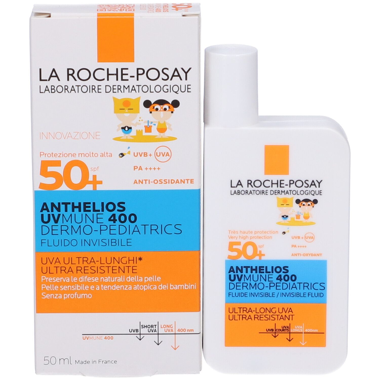 Prodotto e confezione. Scritta: Anthelios UVMune 400 Dermo-Pediatrics. SPF 50+. 50 ml.