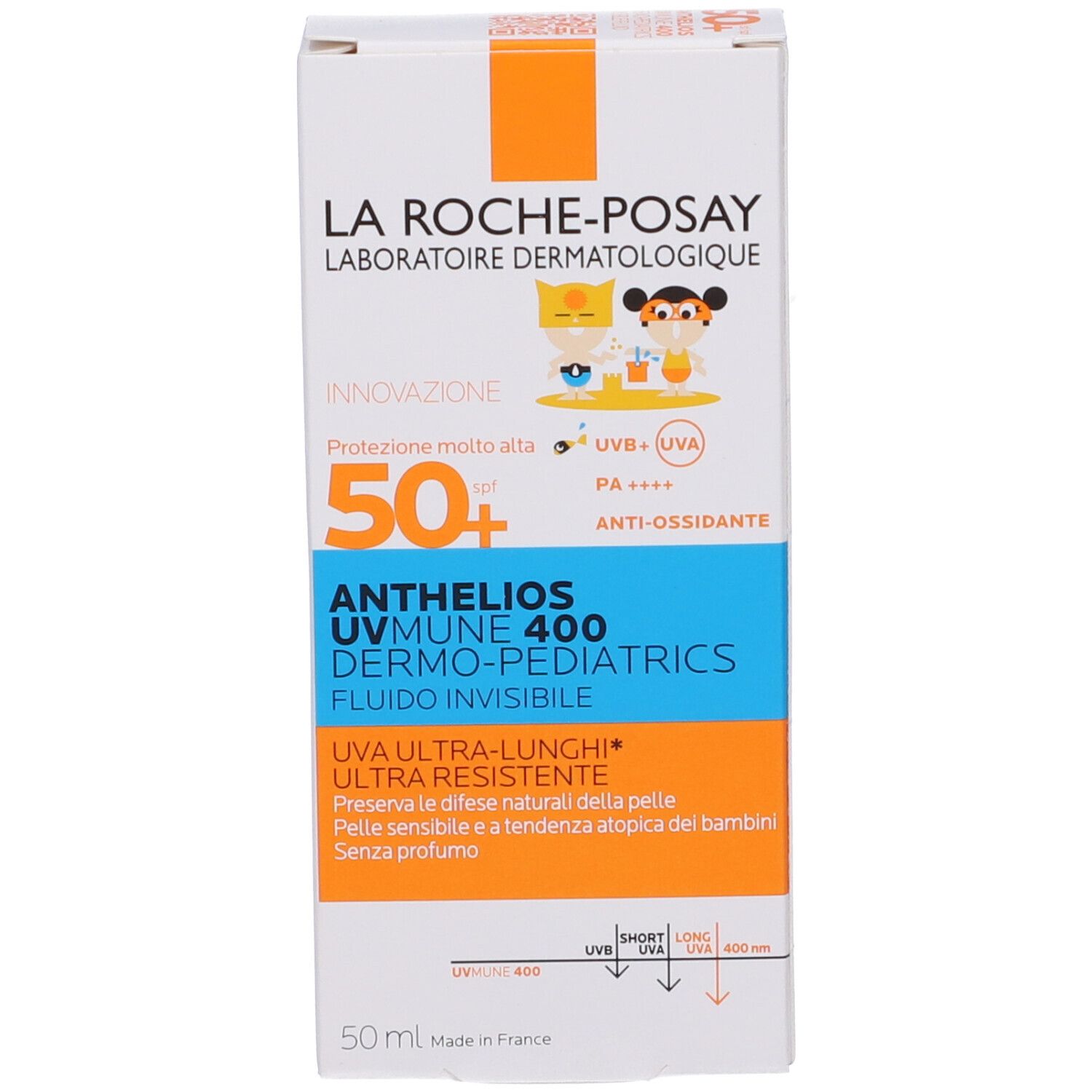 Confezione. Scritta: Anthelios UVMune 400 Dermo-Pediatrics. SPF 50+. 50 ml.