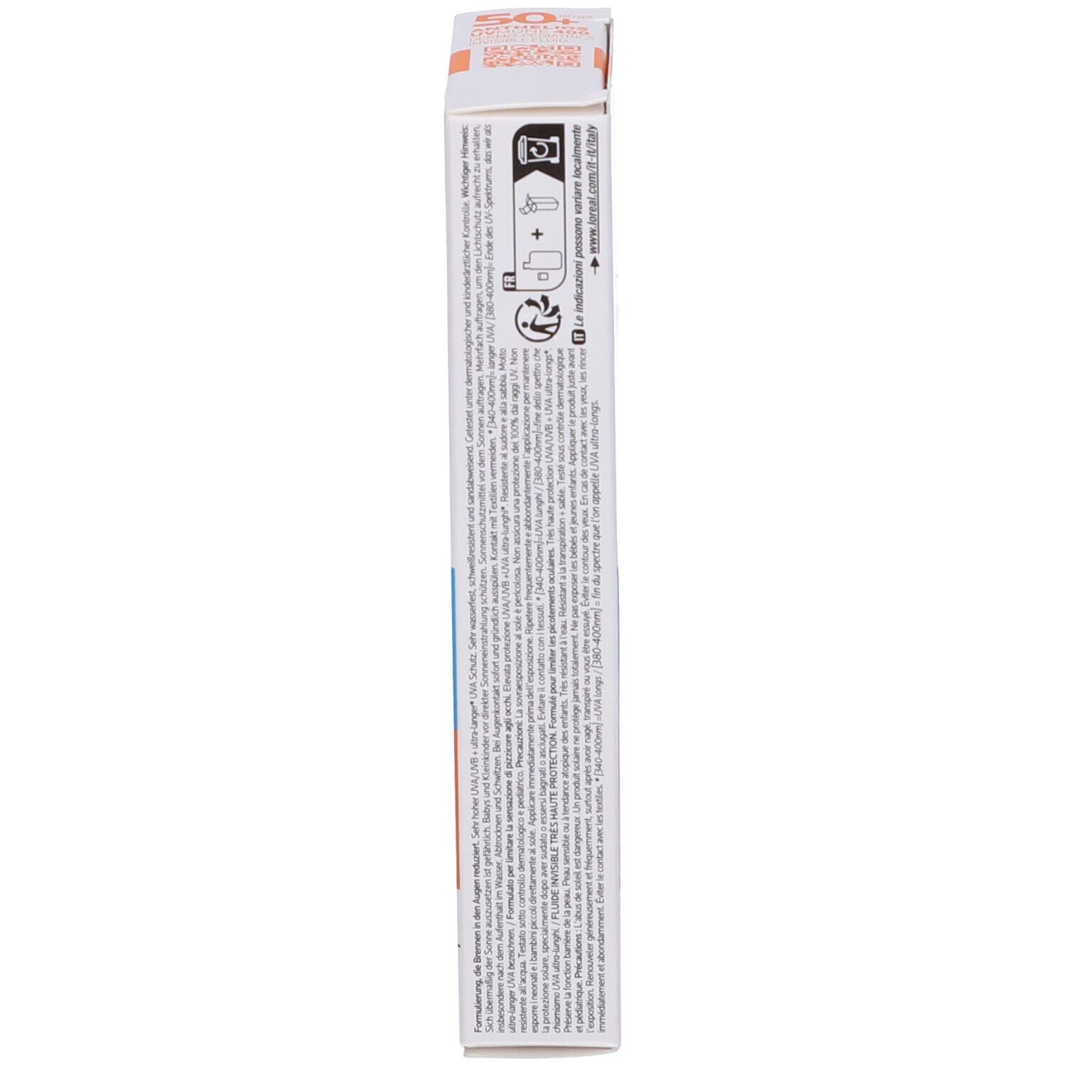 Lato della confezione. Testo multilingue. Scritta: 50 ml.