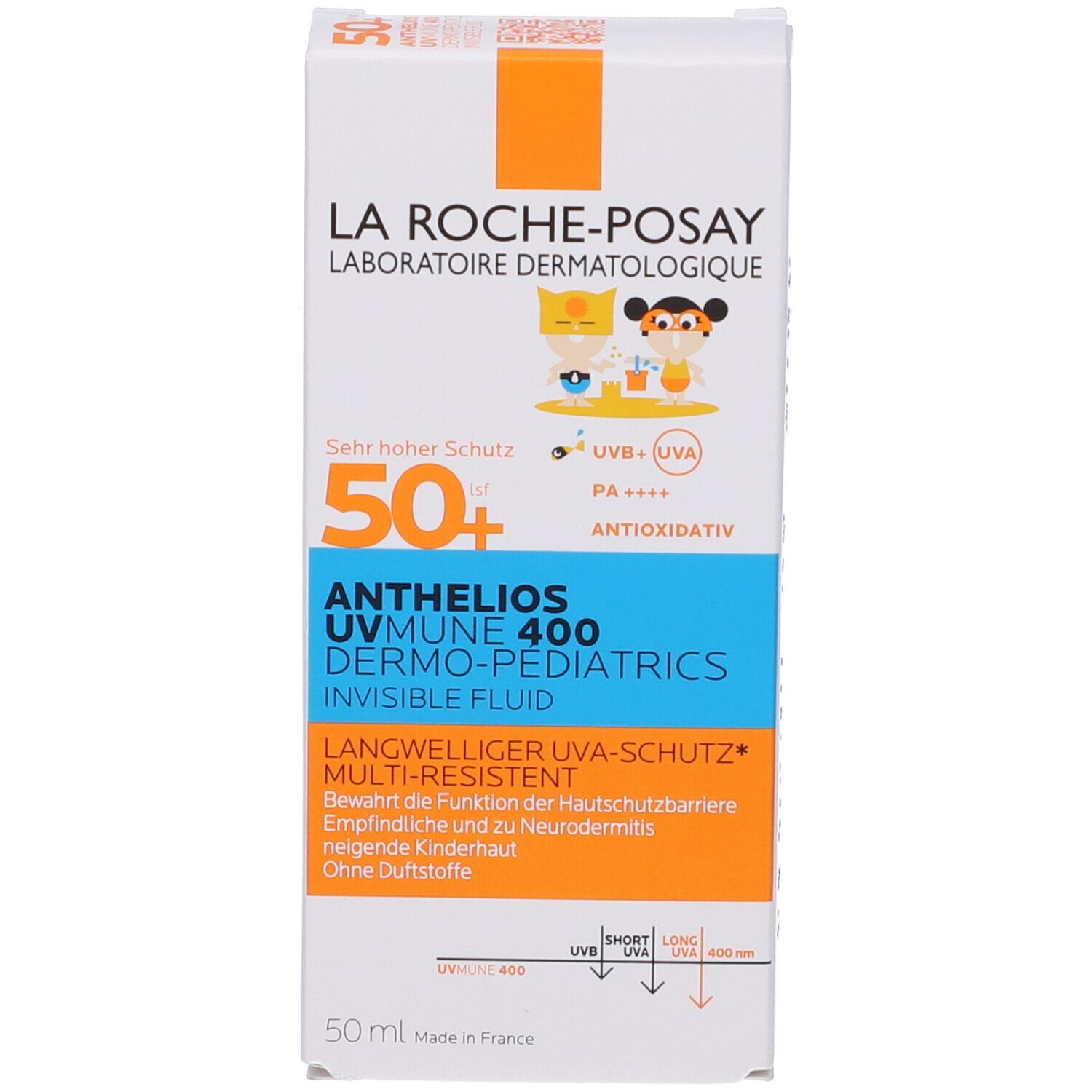 Confezione. Scritta: Anthelios UVMune 400 Dermo-Pediatrics. SPF 50+. 50 ml.