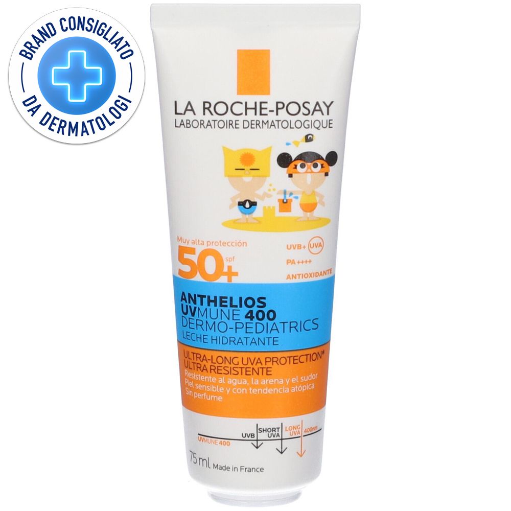 Tubo bianco La Roche-Posay con logo e nome prodotto. SPF 50+ e illustrazioni per bambini. Testato dermatologicamente.
