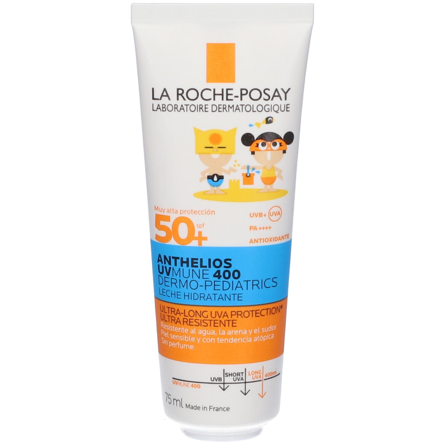 Tubo bianco La Roche-Posay con logo e nome prodotto. SPF 50+ e illustrazioni per bambini. Testato dermatologicamente.