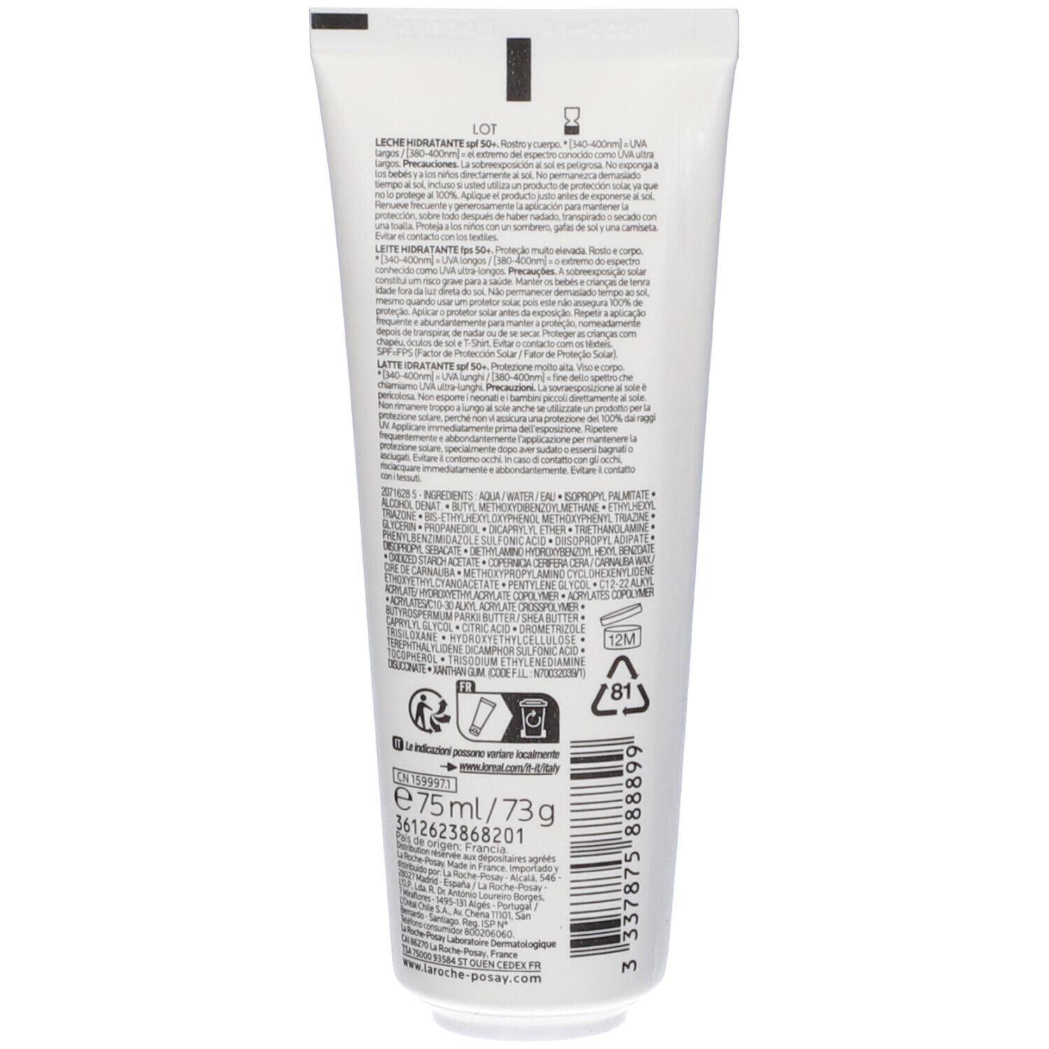 Retro del tubo bianco. Testo multilingue, ingredienti e simboli di riciclo. Contenuto 75 ml.