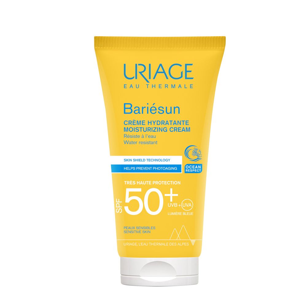 Tubo giallo Uriage Bariésun Crema Viso SPF 50+. Scritta blu e bianca. Resistente all'acqua.