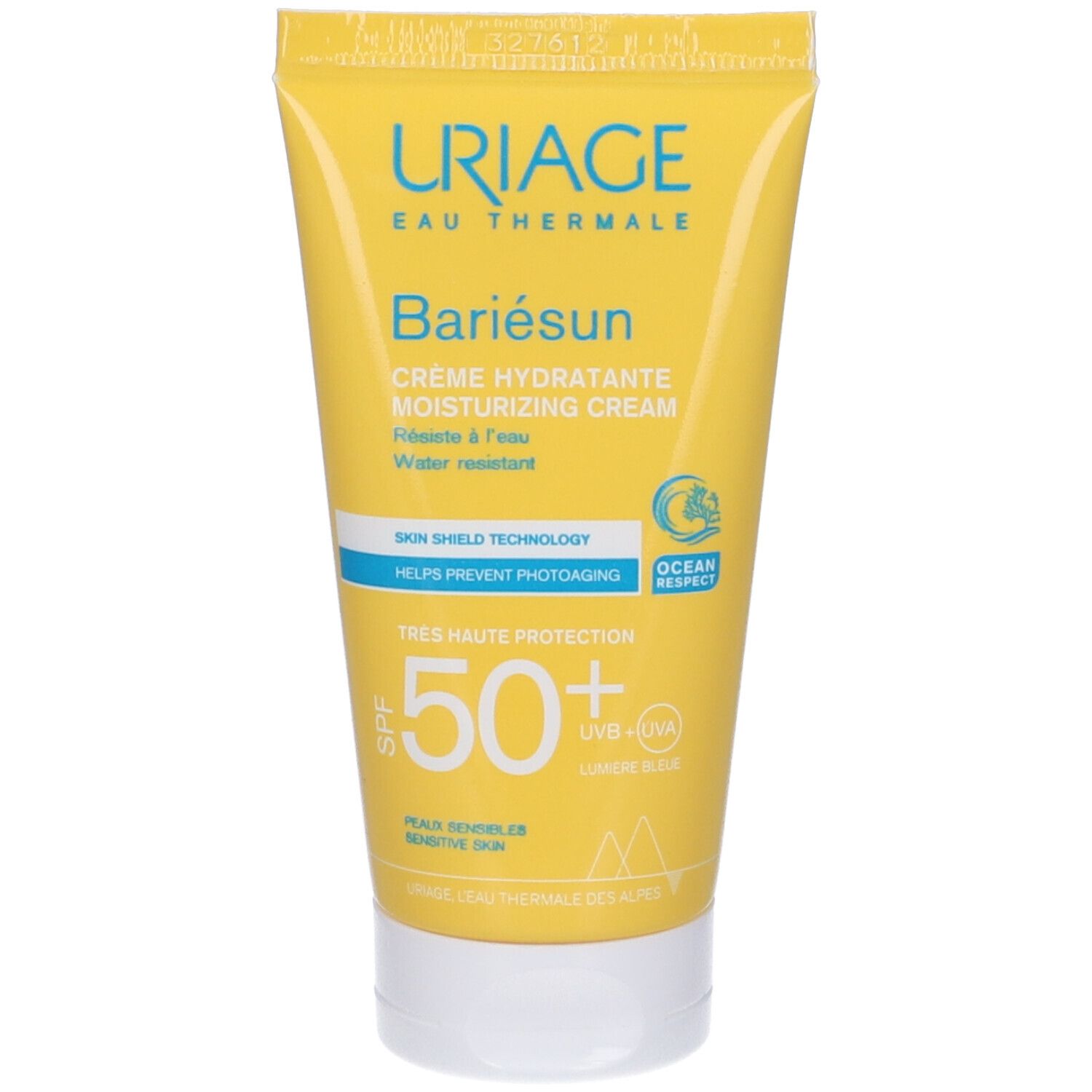 Tubo giallo Uriage Bariésun Crema Viso SPF 50+. Scritta blu, SPF 50+, resistente all'acqua.