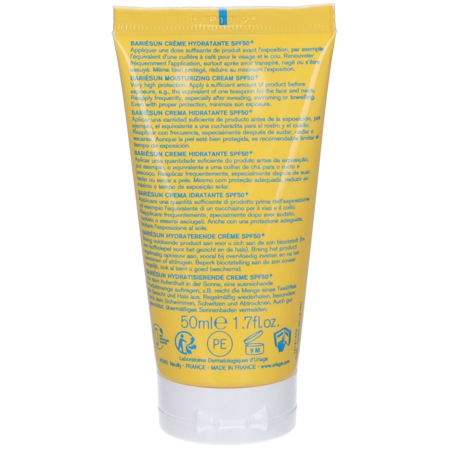Retro del tubo giallo Uriage Bariésun Crema Viso SPF 50+. Testo multilingue.