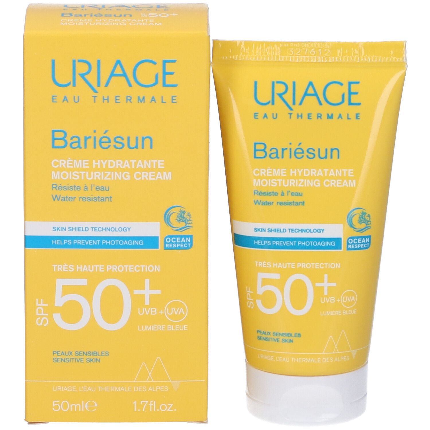 Tubo e scatola Uriage Bariésun Crema Viso SPF 50+. Giallo, scritta blu, SPF 50+.