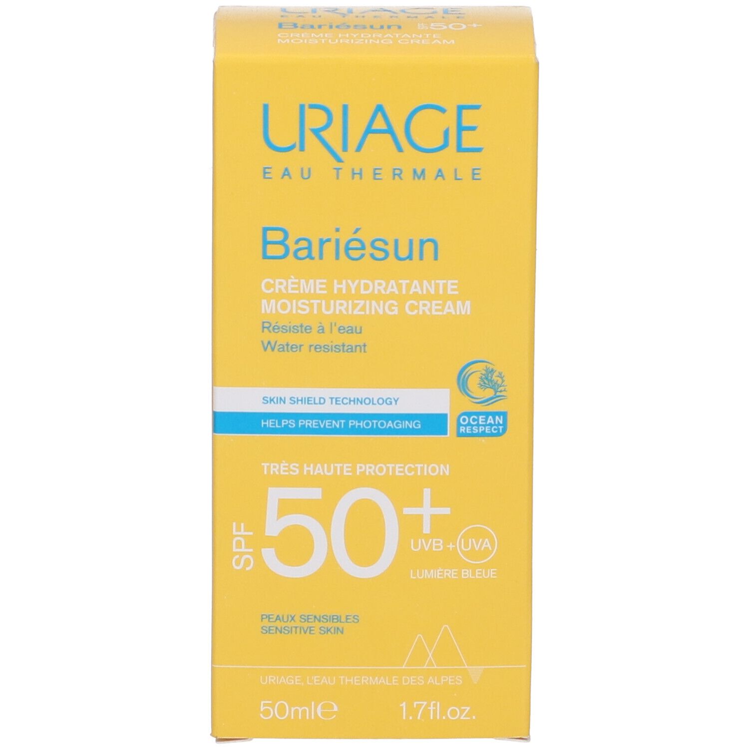 Scatola Uriage Bariésun Crema Viso SPF 50+. Giallo, scritta blu, SPF 50+.