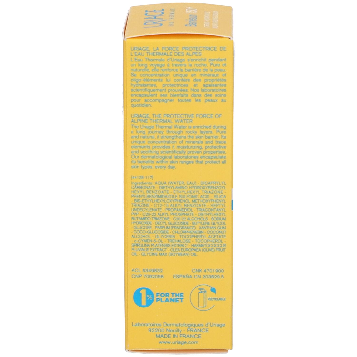 Retro della scatola Uriage Bariésun Crema Viso SPF 50+. Testo multilingue.