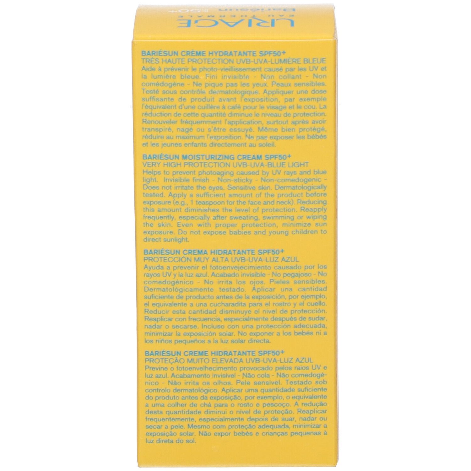 Lato della scatola Uriage Bariésun Crema Viso SPF 50+. Testo multilingue.