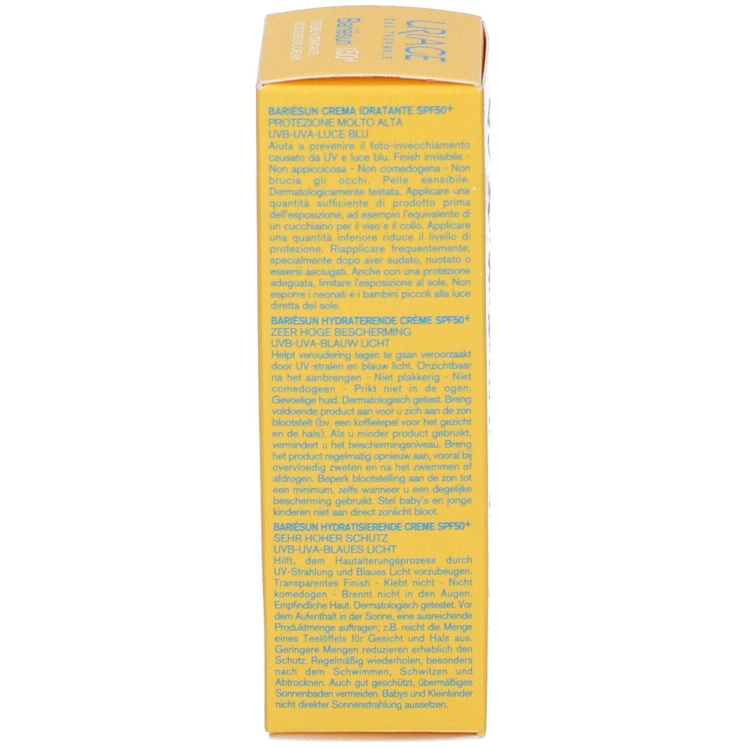 Lato della scatola Uriage Bariésun Crema Viso SPF 50+. Testo multilingue.