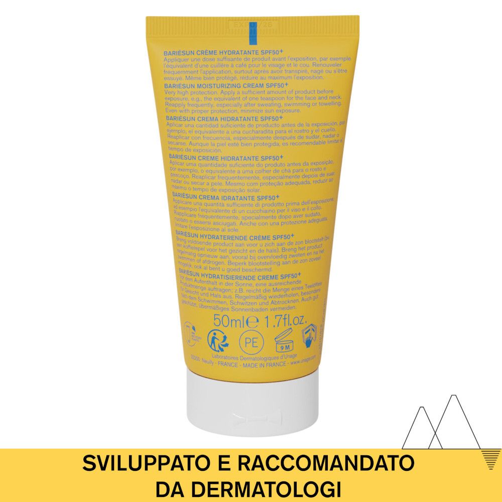 Retro del tubo giallo Uriage Bariésun Crema Viso SPF 50+. Testo multilingue.