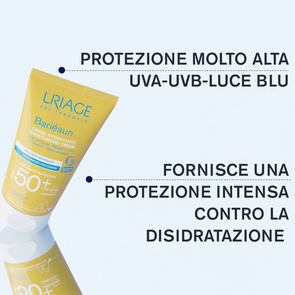 Tubo Uriage Bariésun Crema Viso SPF 50+. Testo: Alta protezione, UVA-UVB-LUCE BLU. Protegge dalla disidratazione.