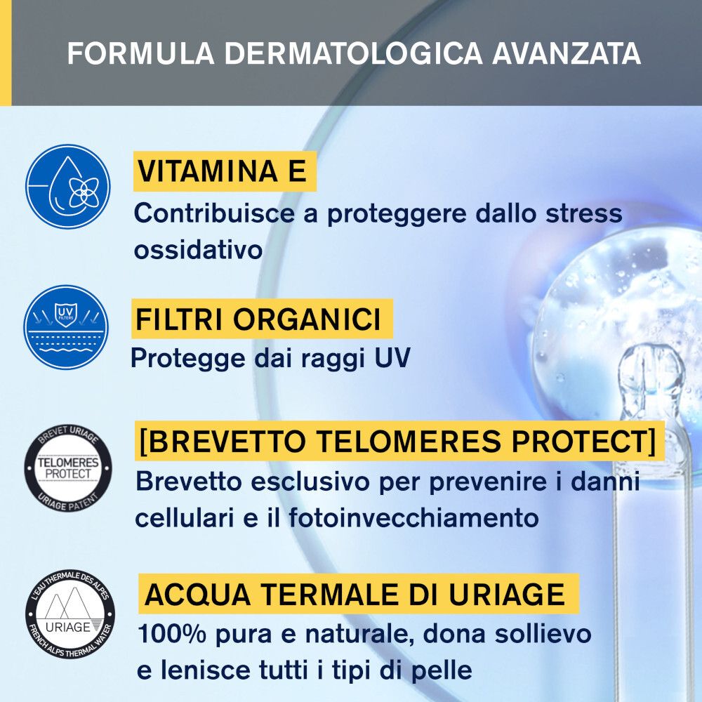 Grafico con ingredienti: Vitamina E, filtri organici, Telomeres Protect, Acqua Termale Uriage.