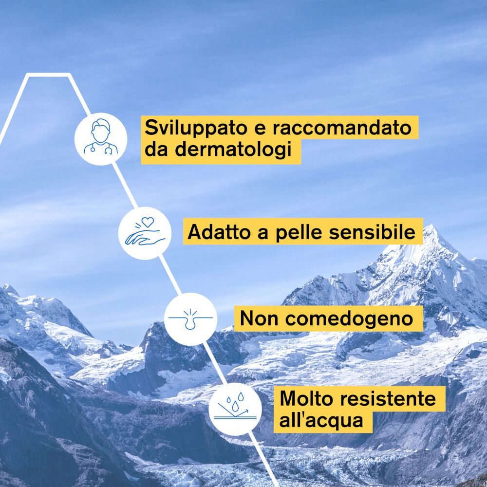 Grafico con vantaggi: Dermatologicamente testato, per pelli sensibili, non comedogeno, resistente all'acqua.