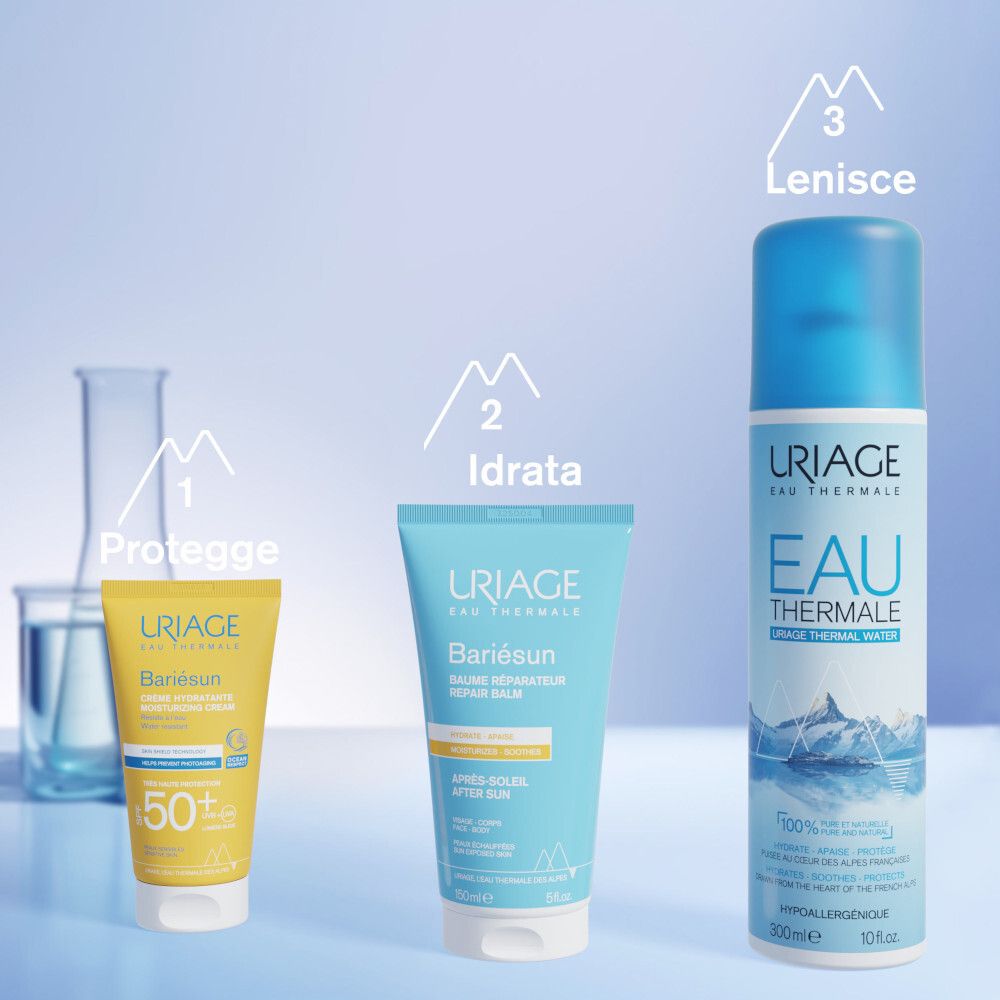 Tre prodotti Uriage: Bariésun Crema Viso SPF 50+, Balsamo Doposole, spray Acqua Termale.