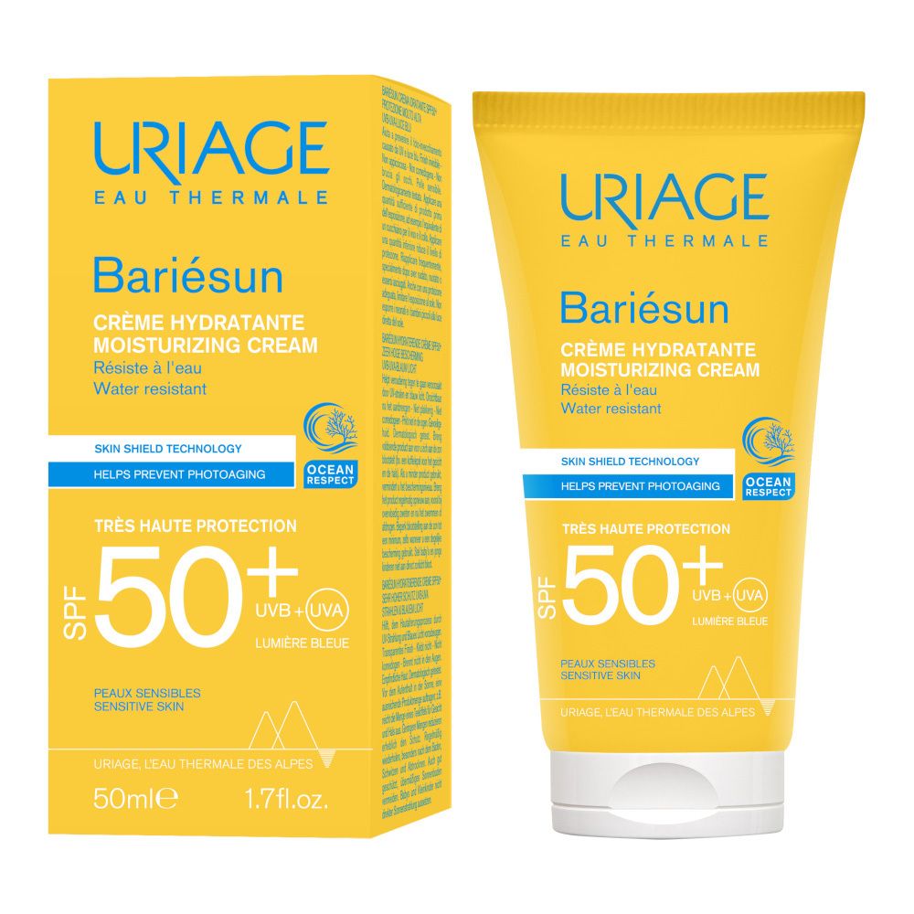 Tubo e scatola Uriage Bariésun Crema Viso SPF 50+. Giallo, scritta blu, SPF 50+.