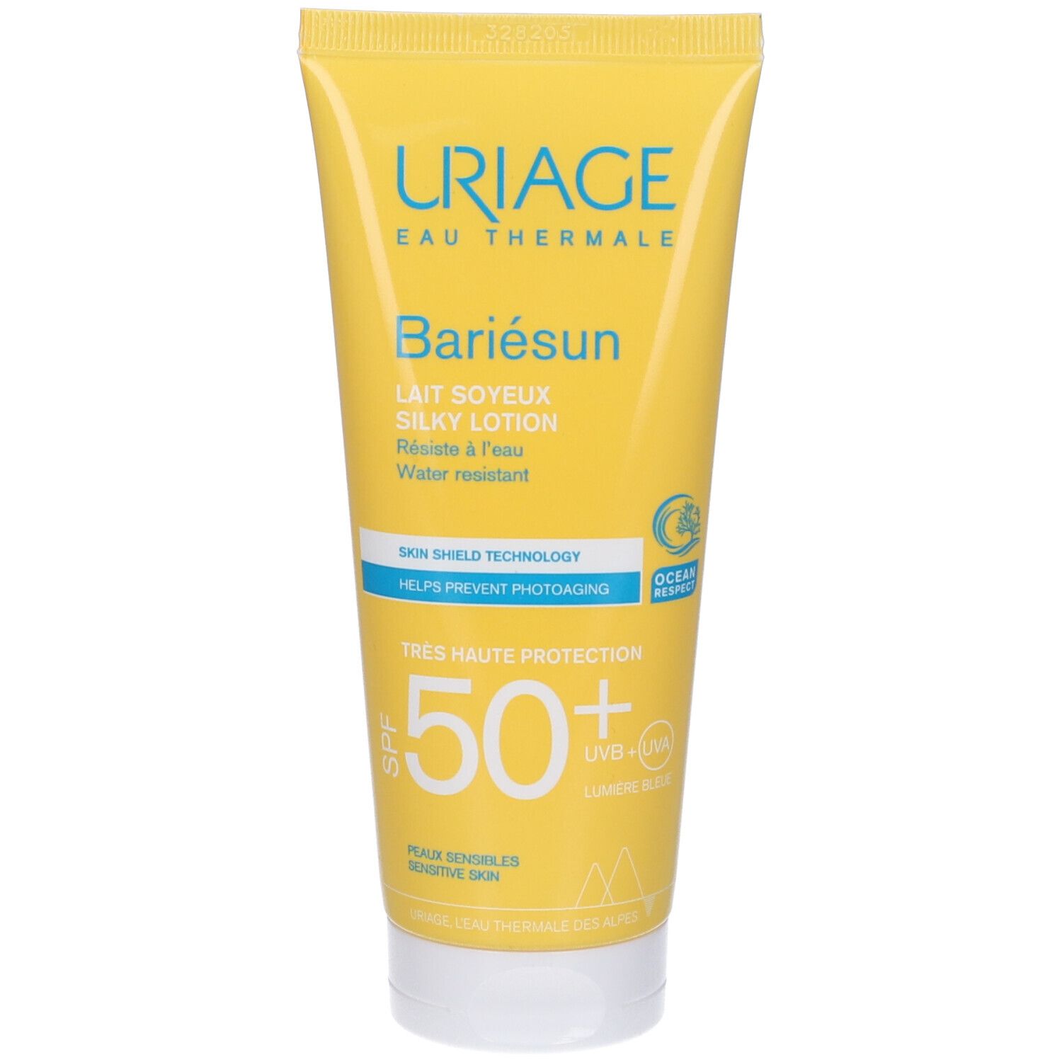 Tubo giallo Uriage Bariésun SPF 50+. Testo e logo.
