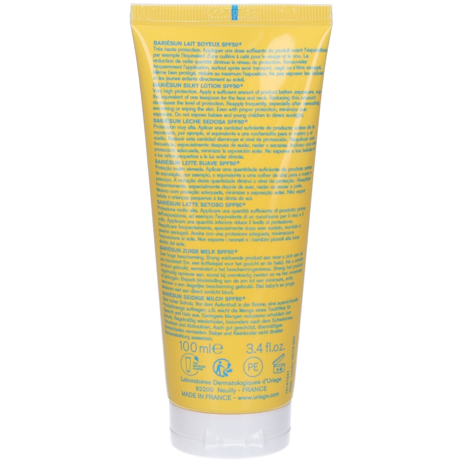 Retro del tubo giallo Uriage Bariésun SPF 50+. Testo.