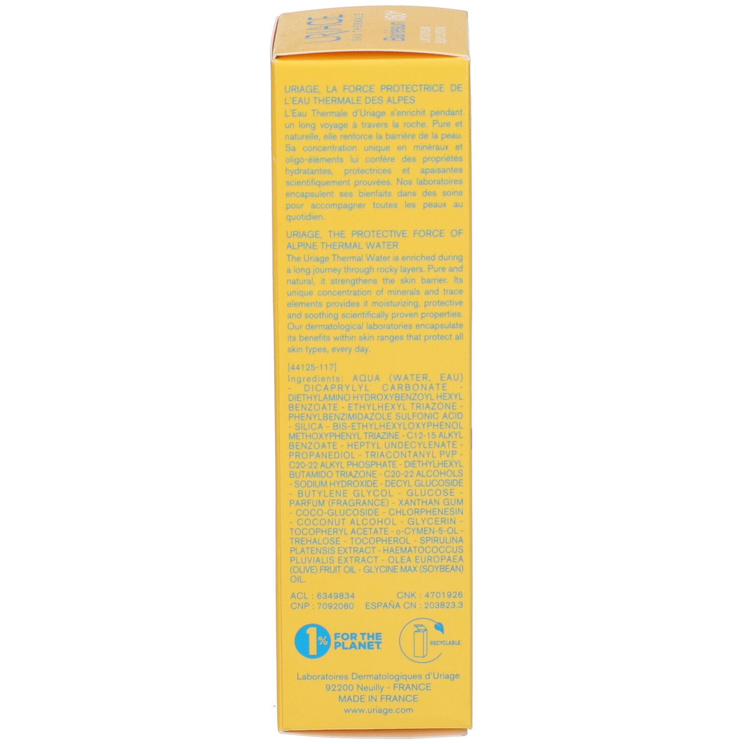 Scatola Uriage Bariésun SPF 50+, lato ingredienti.