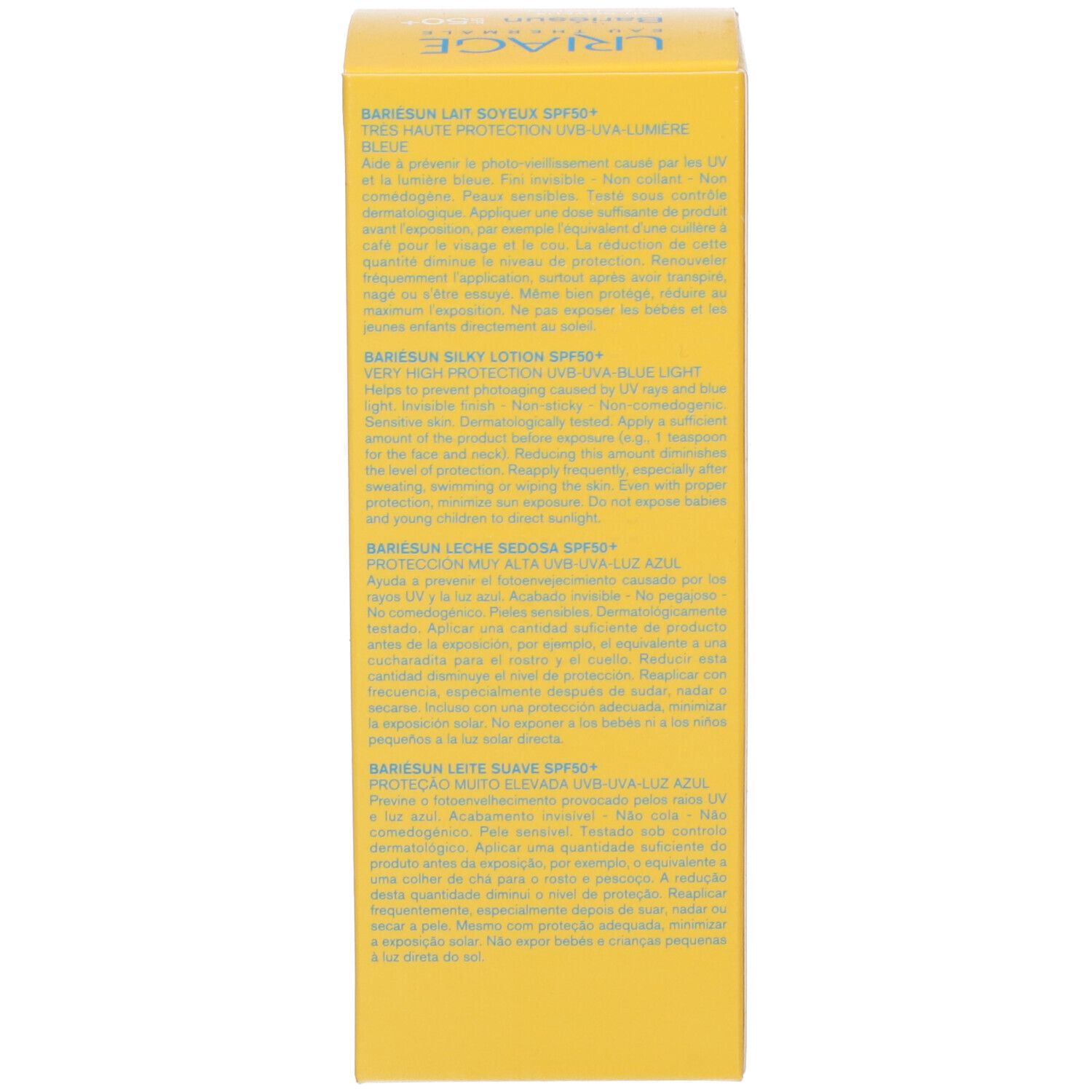 Scatola Uriage Bariésun SPF 50+, lato informazioni prodotto.
