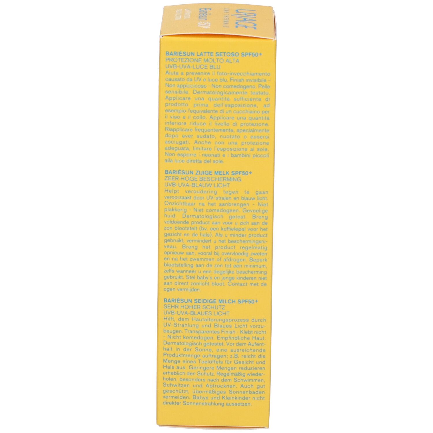 Scatola Uriage Bariésun SPF 50+, lato informazioni prodotto.
