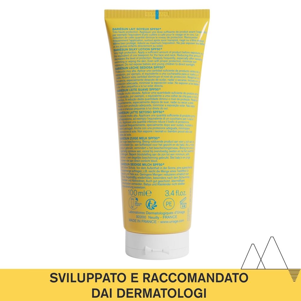 Retro del tubo giallo Uriage Bariésun SPF 50+. Testo.