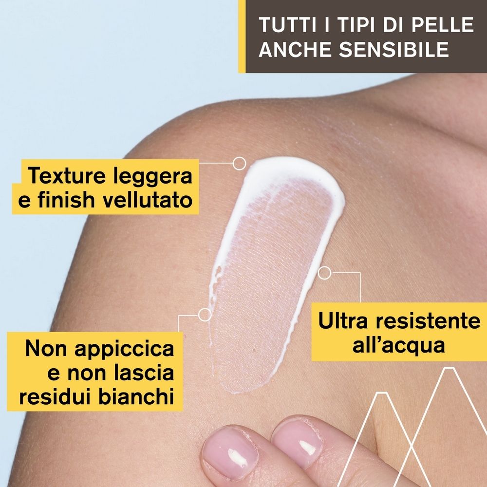 Crema sulla pelle. Testo: texture leggera, non appiccica, senza residui bianchi.