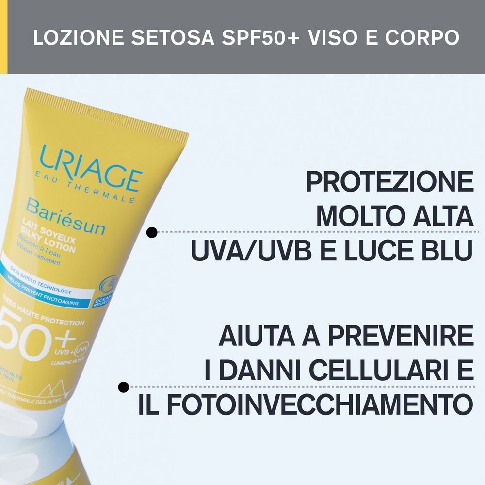 Uriage Bariésun SPF 50+ su sfondo giallo. Testo: alta protezione, UVA/UVB, luce blu.