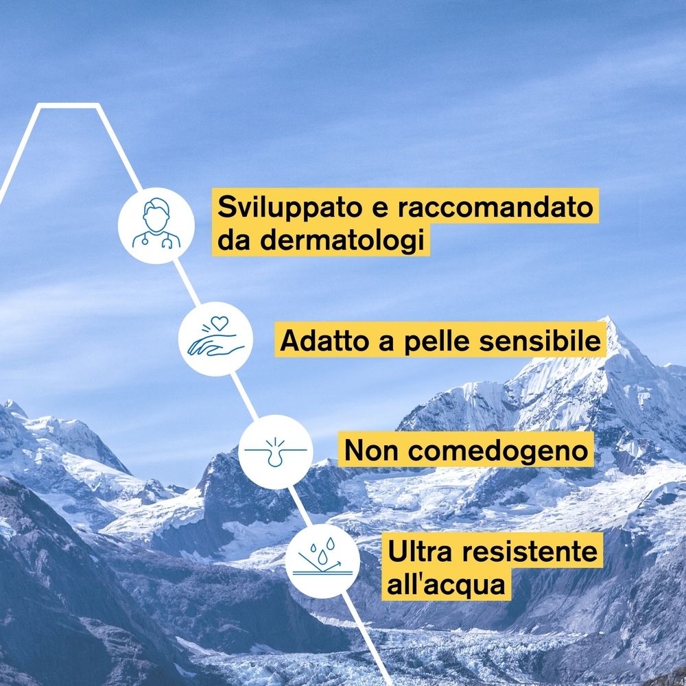 Testo: Raccomandato da dermatologi, adatto a pelle sensibile, non comedogeno, ultra resistente all'acqua.