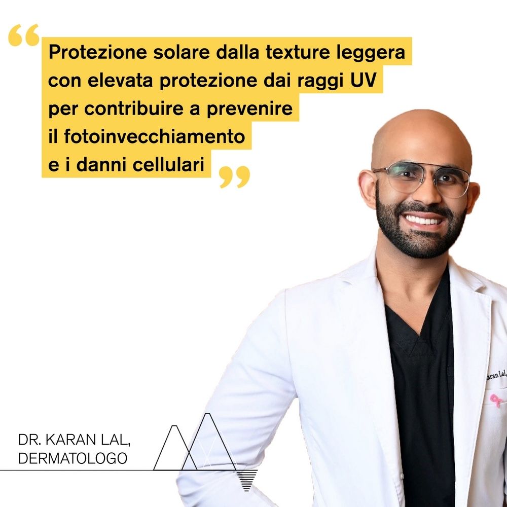 Medico cita: protezione solare texture leggera, alta protezione UV, previene l'invecchiamento.