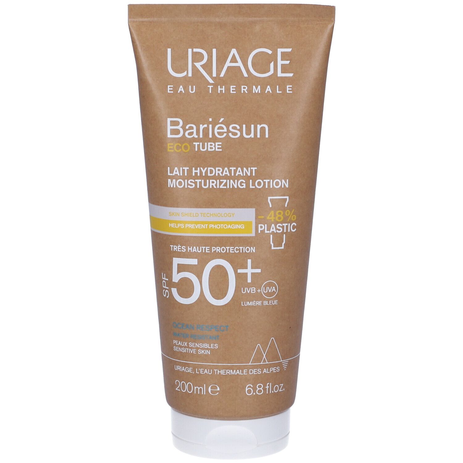 Tubo crema solare Uriage Bariésun. Tubo beige, tappo bianco. SPF 50+ e nome del prodotto visibili.