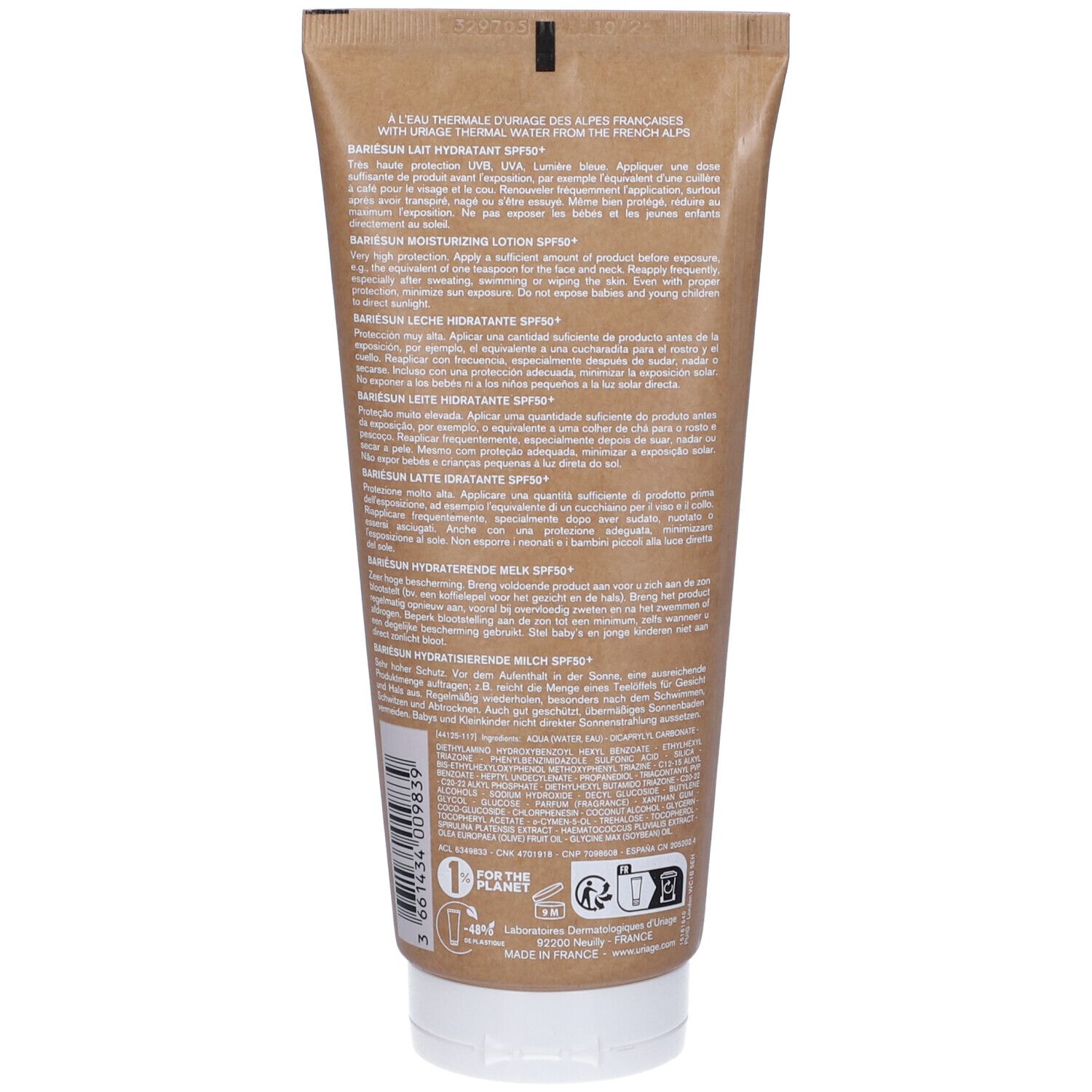 Retro del tubo di crema solare Uriage Bariésun. Testo e informazioni sul prodotto su sfondo beige.