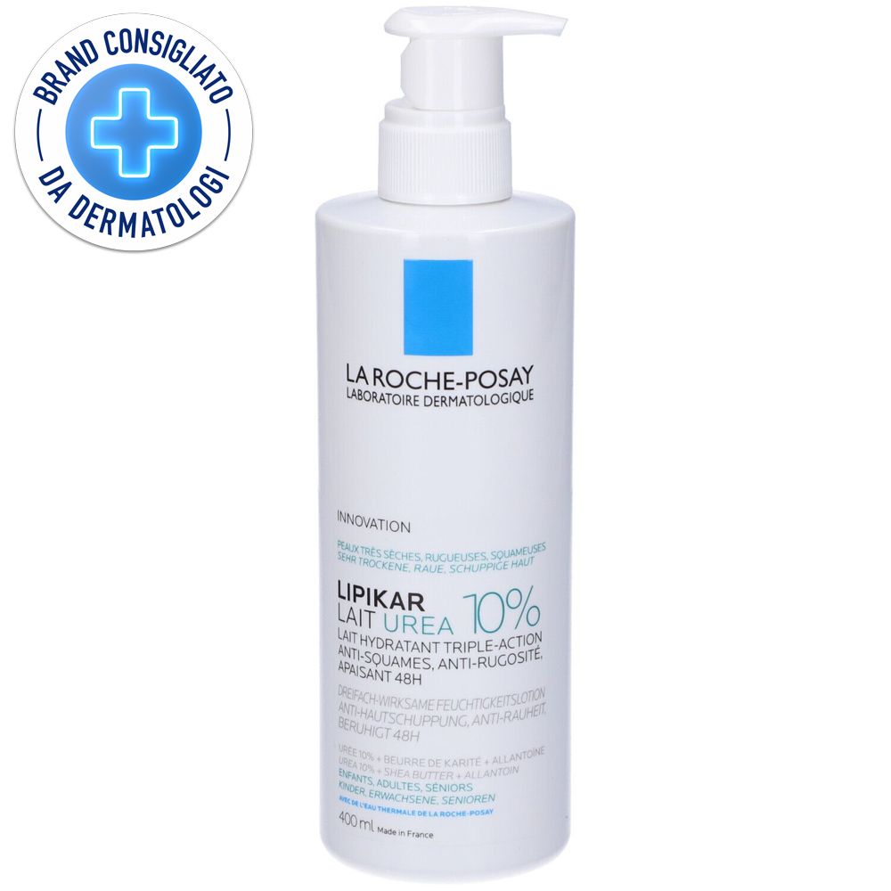 Flacone bianco con dosatore. Scritta: La Roche-Posay, Lipikar Lait Urea 10%. Logo: Brand Consigliato da Dermatologi.