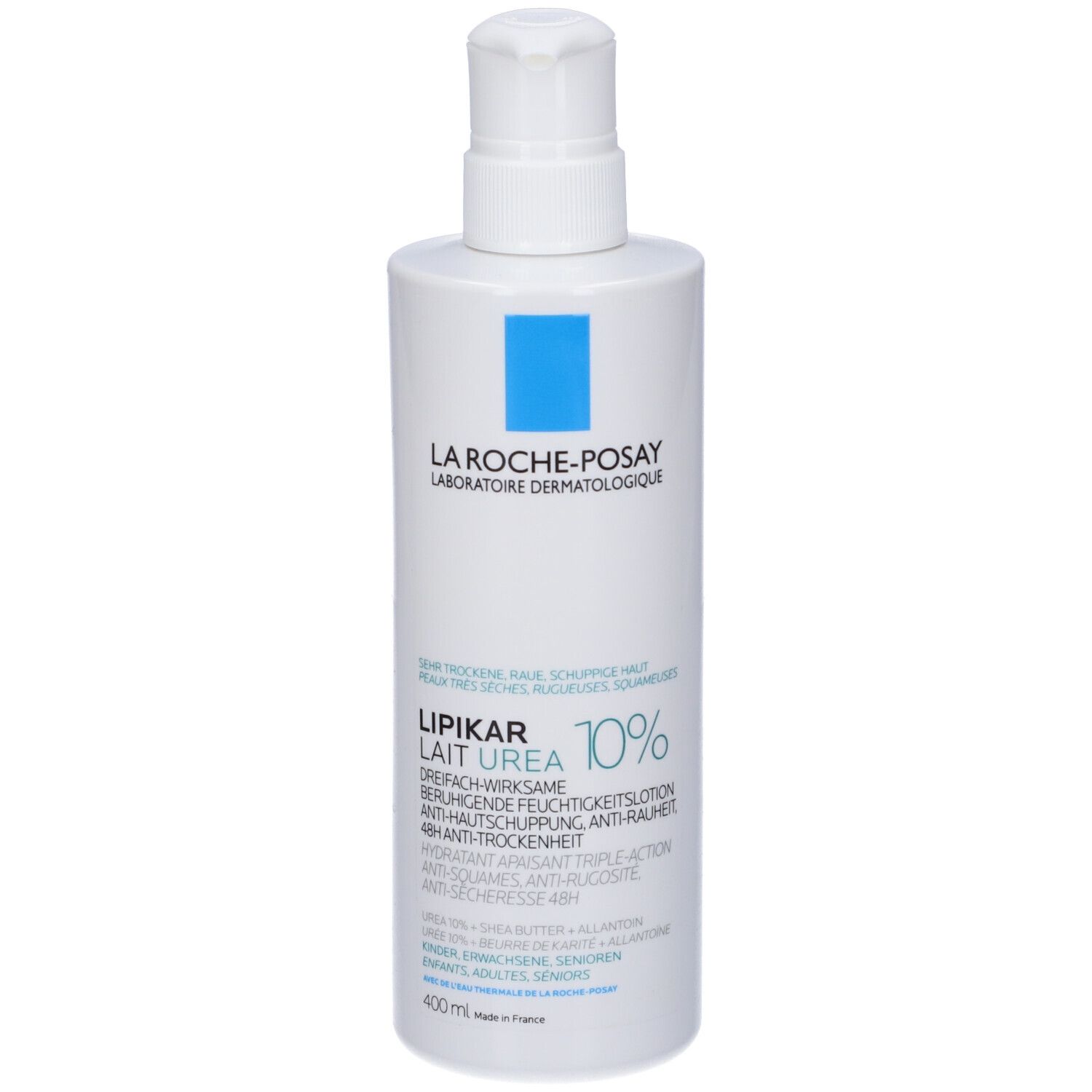 Flacone bianco con dosatore. Scritta: La Roche-Posay, Lipikar Lait Urea 10%. Per pelli molto secche.