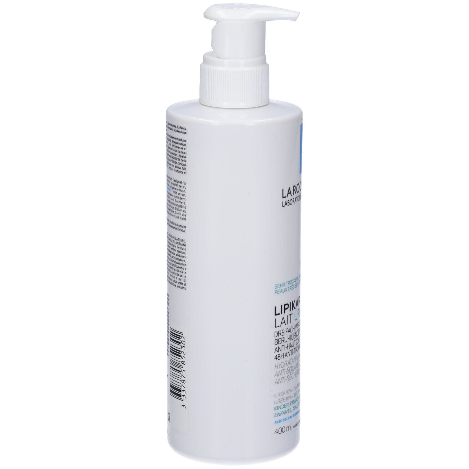 Flacone bianco con dosatore. Scritta: La Roche-Posay, Lipikar Lait Urea 10%. Retro con testo.