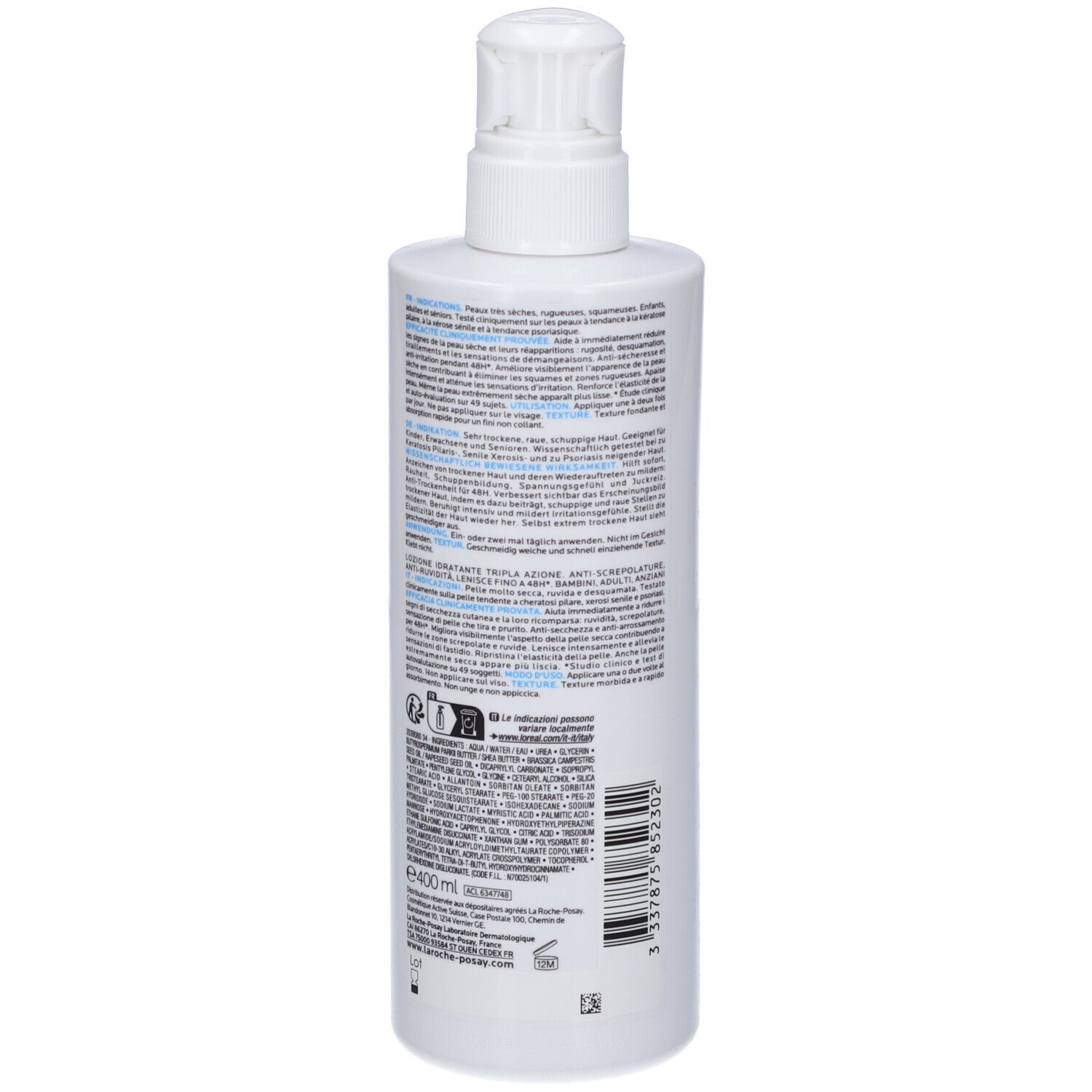 Flacone bianco con dosatore. Scritta: La Roche-Posay, Lipikar Lait Urea 10%. Retro con testo.