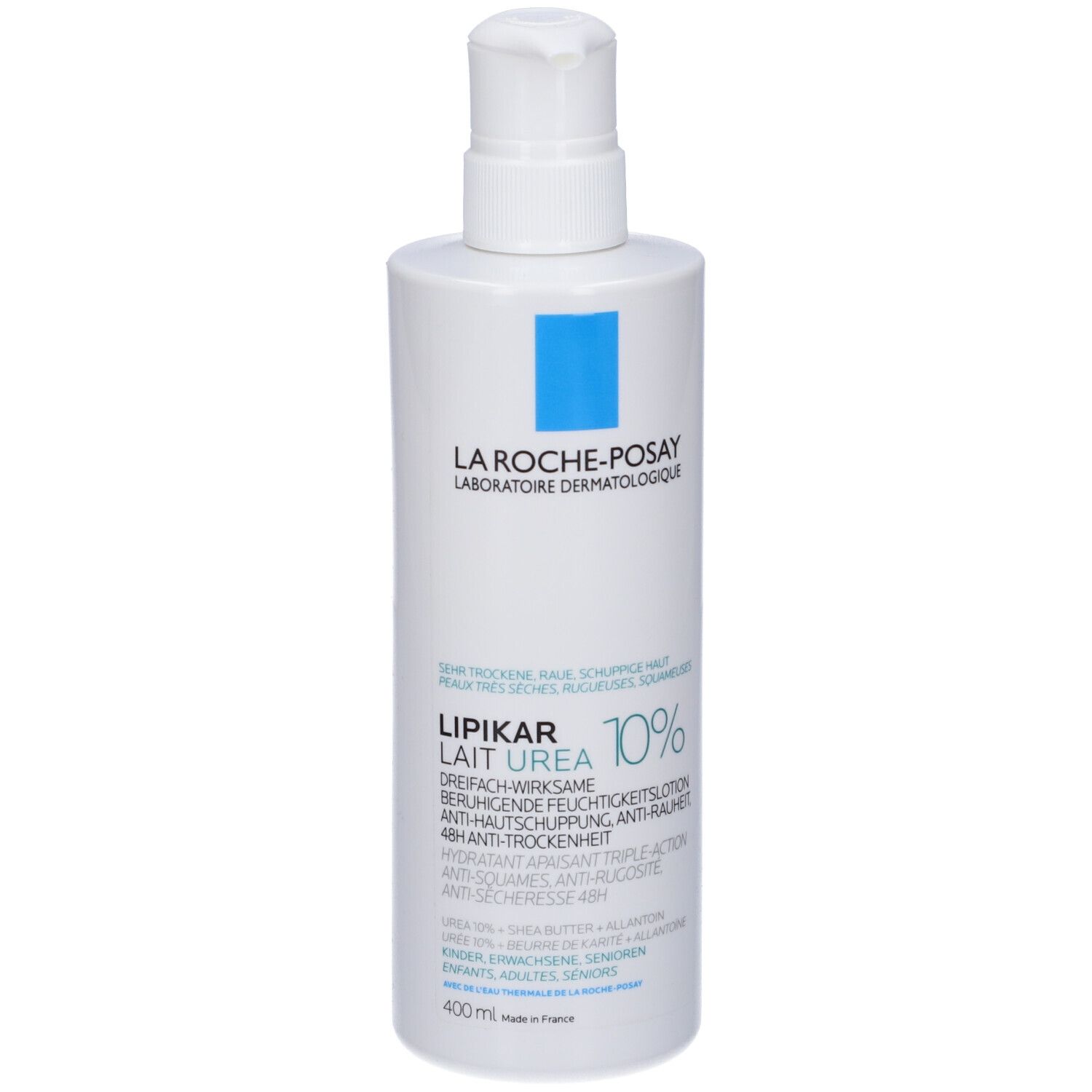 Flacone bianco con dosatore. Scritta: La Roche-Posay, Lipikar Lait Urea 10%.
