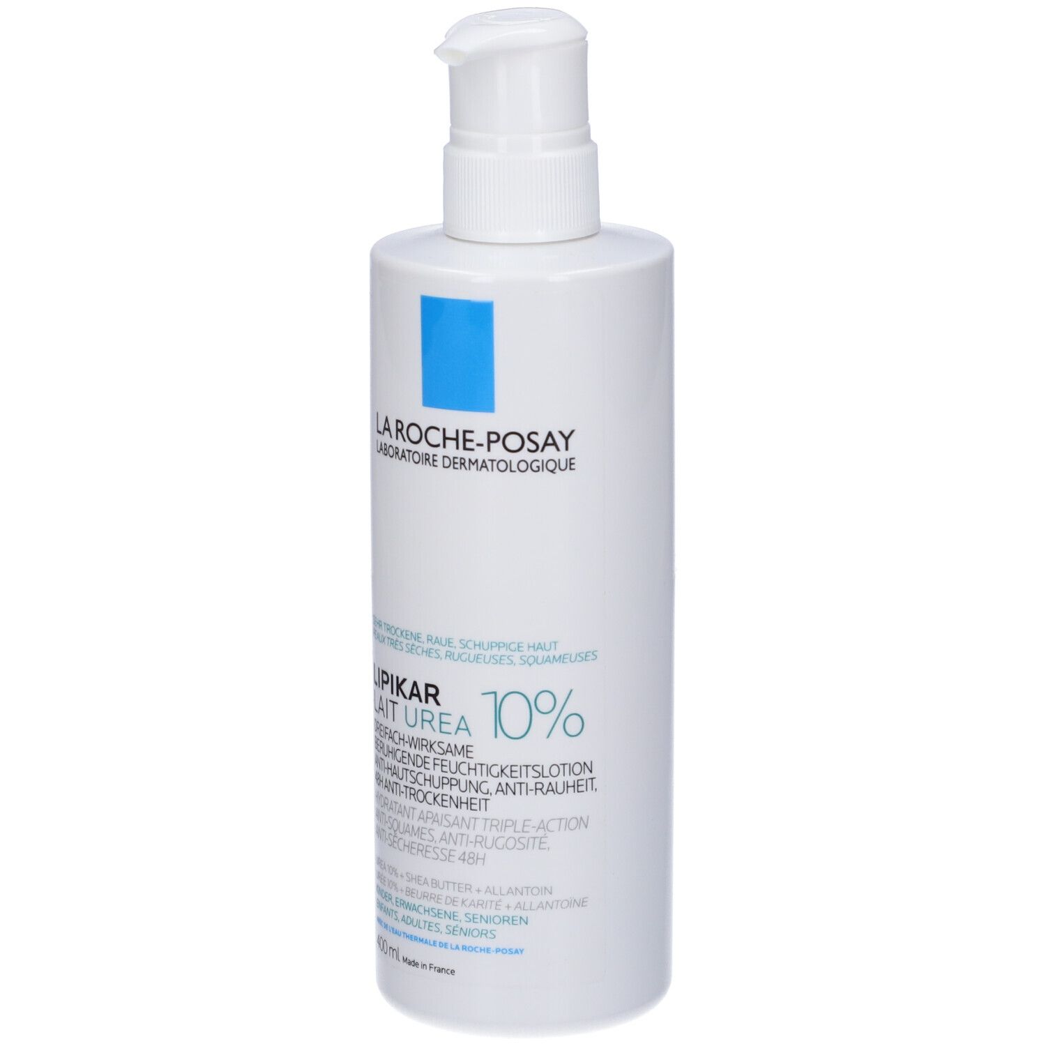 Flacone bianco con dosatore. Scritta: La Roche-Posay, Lipikar Lait Urea 10%.