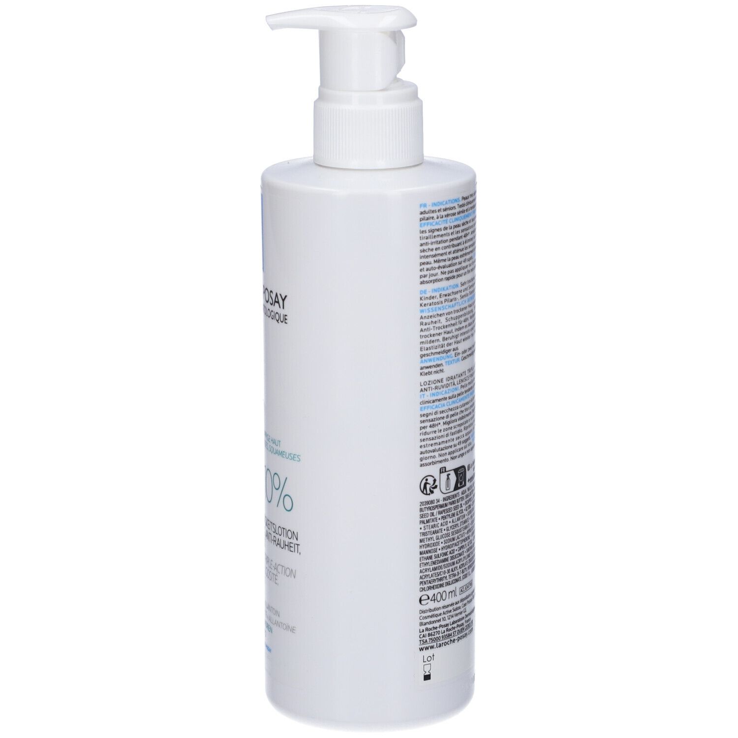 Flacone bianco con dosatore. Scritta: La Roche-Posay, Lipikar Lait Urea 10%.